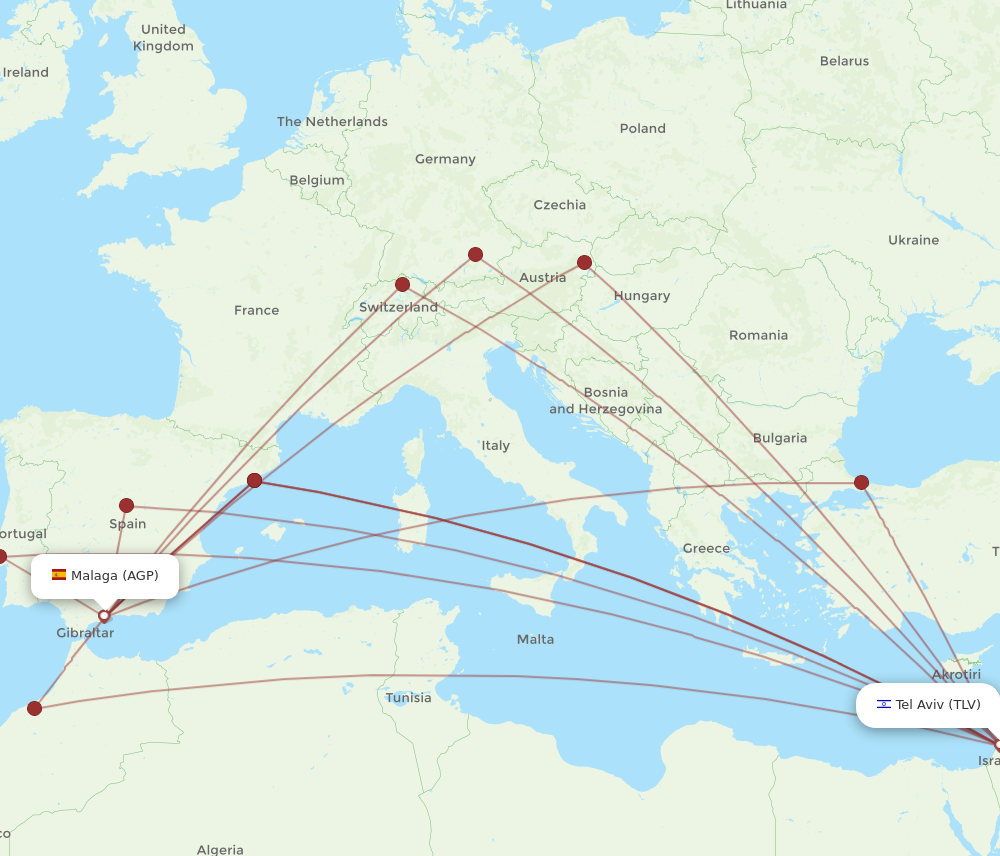 TLV to AGP flights and routes map