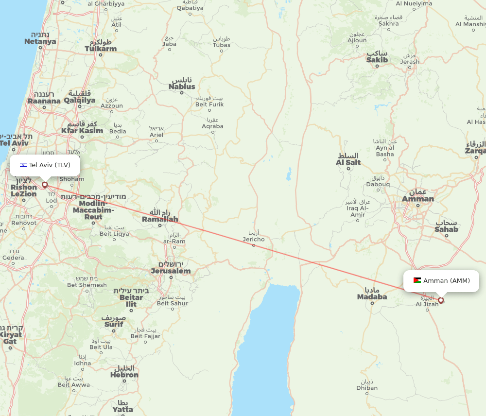 Tel Aviv-Yafo - Amman route map and flight paths