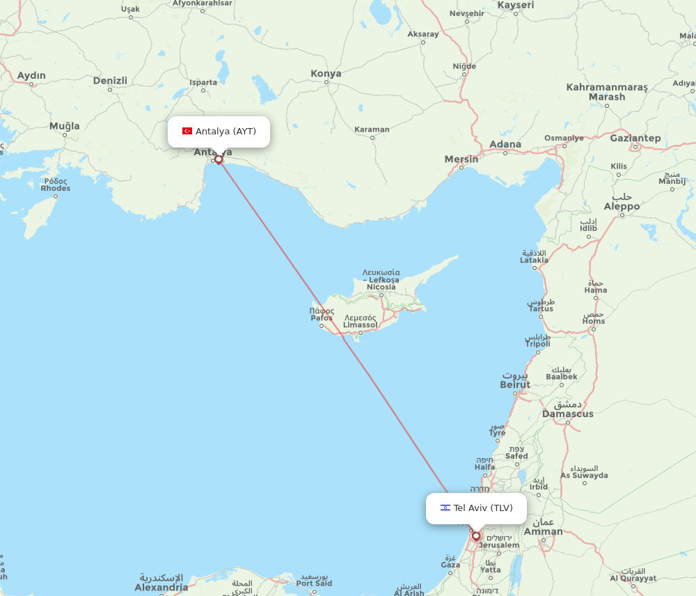 Tel Aviv-Yafo - Antalya route map and flight paths