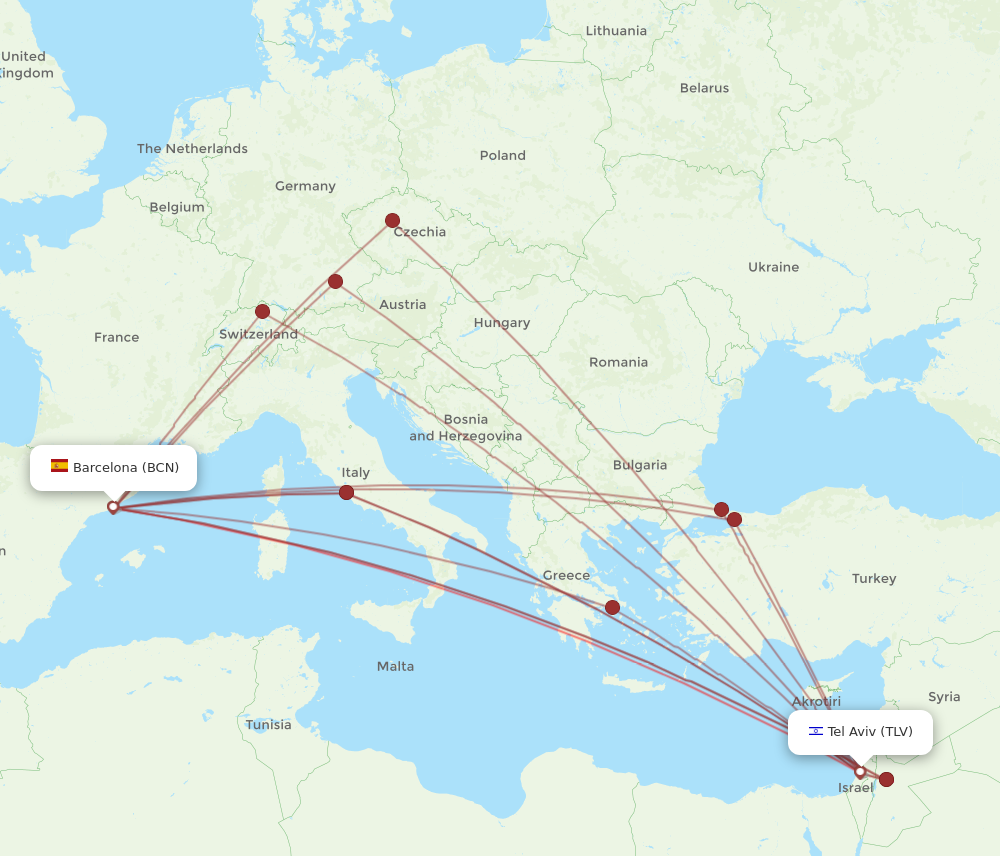 TLV to BCN flights and routes map