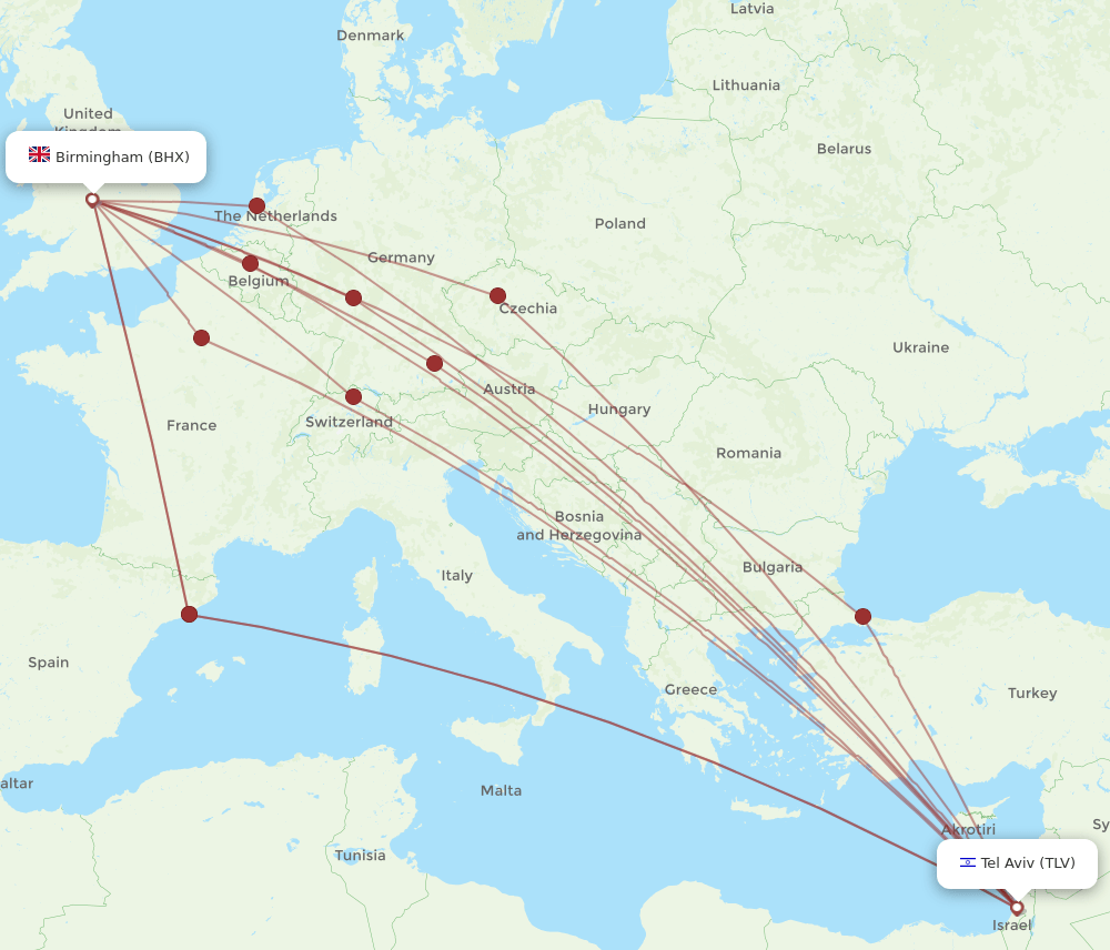 TLV-BHX flight routes
