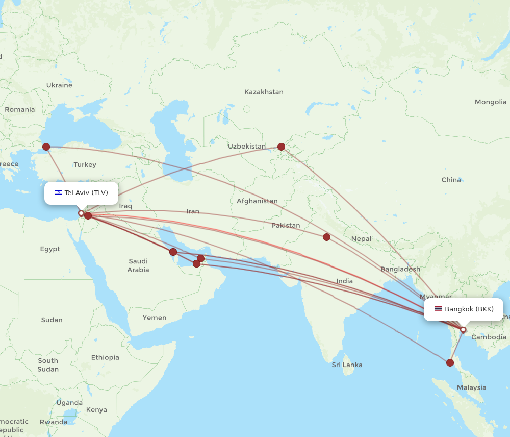 TLV to BKK flights and routes map