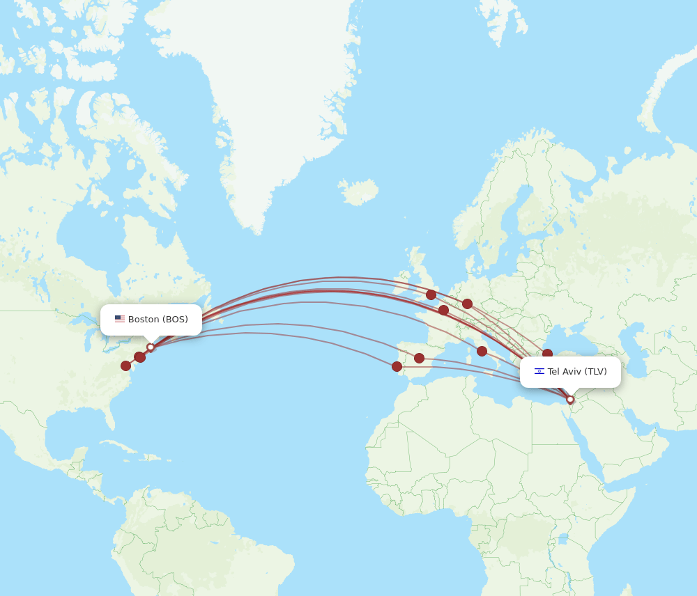 TLV to BOS flights and routes map