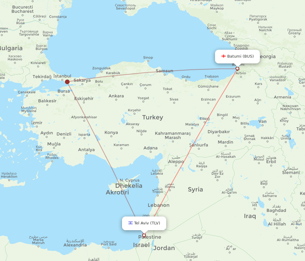 Tel Aviv-Yafo - Batumi route map and flight paths