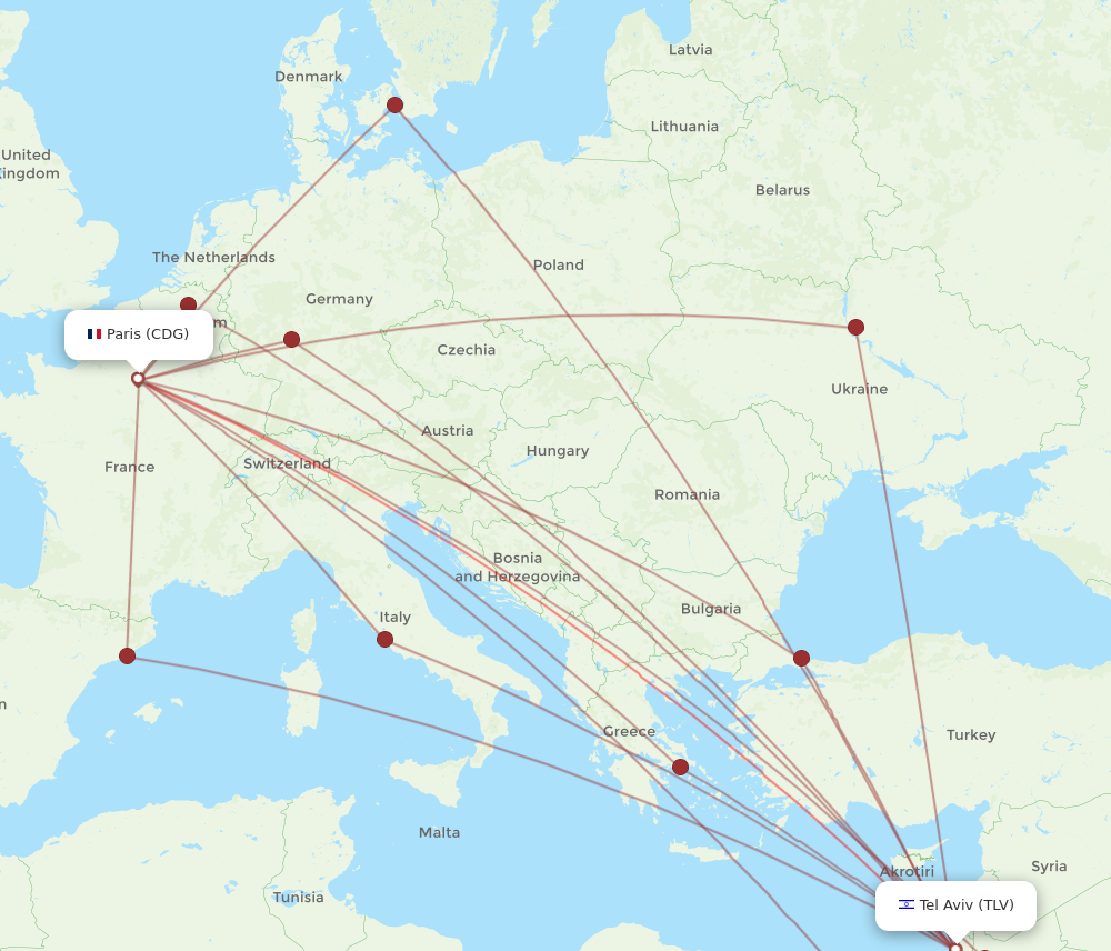 TLV to CDG flights and routes map