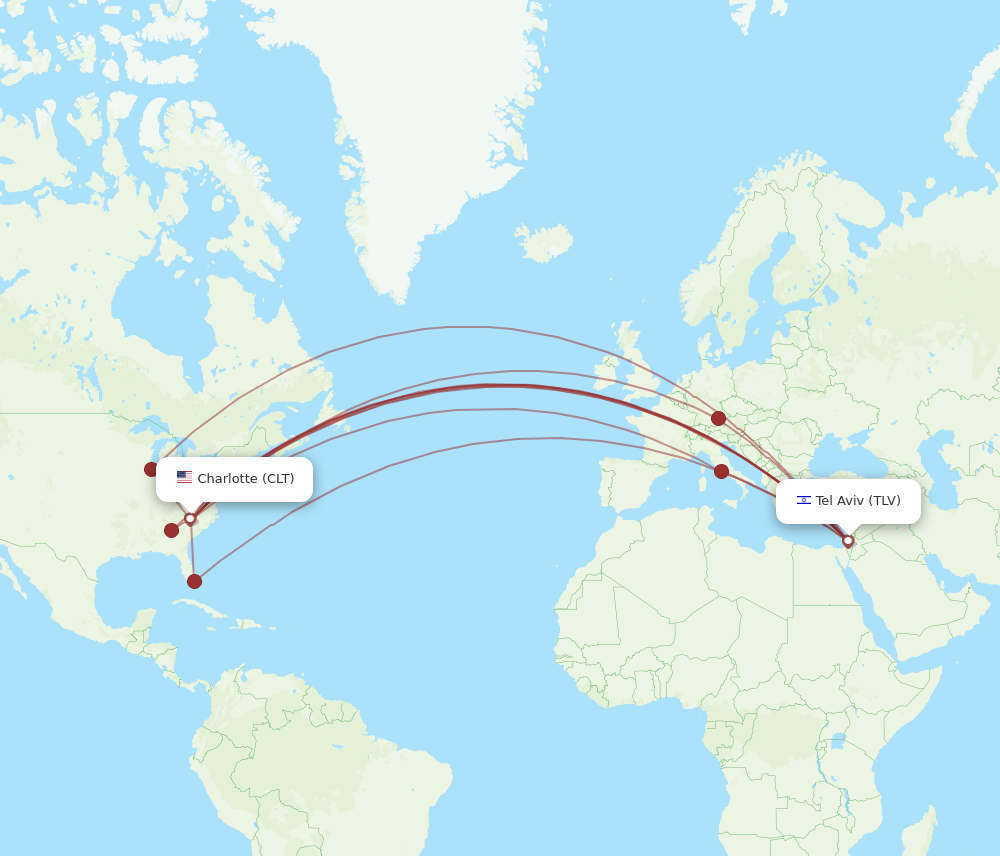 TLV to CLT flights and routes map