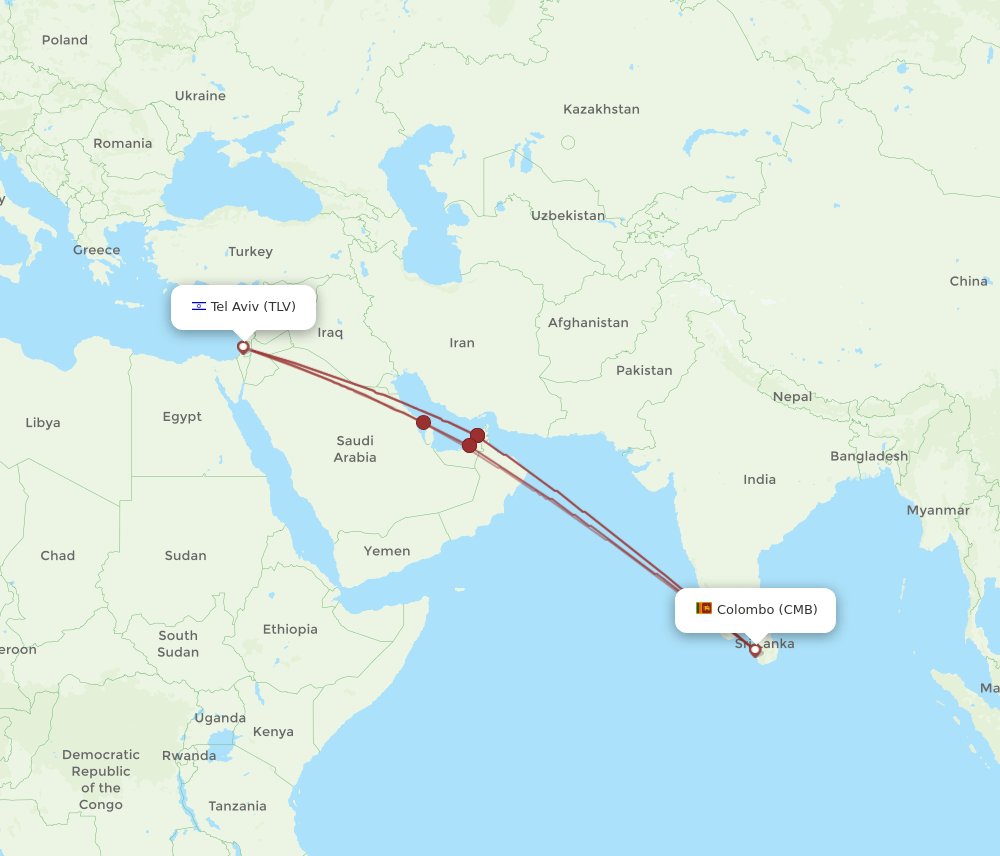 TLV to CMB flights and routes map