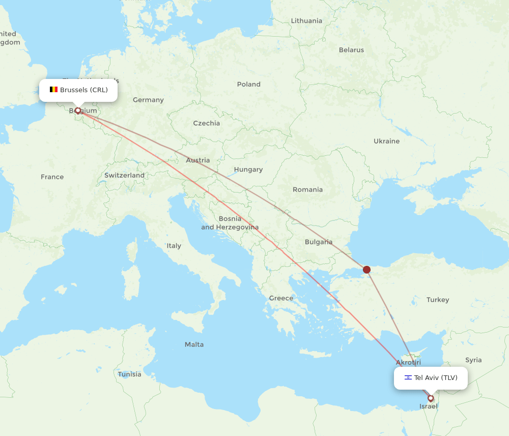 Tel Aviv-Yafo - Brussels route map and flight paths