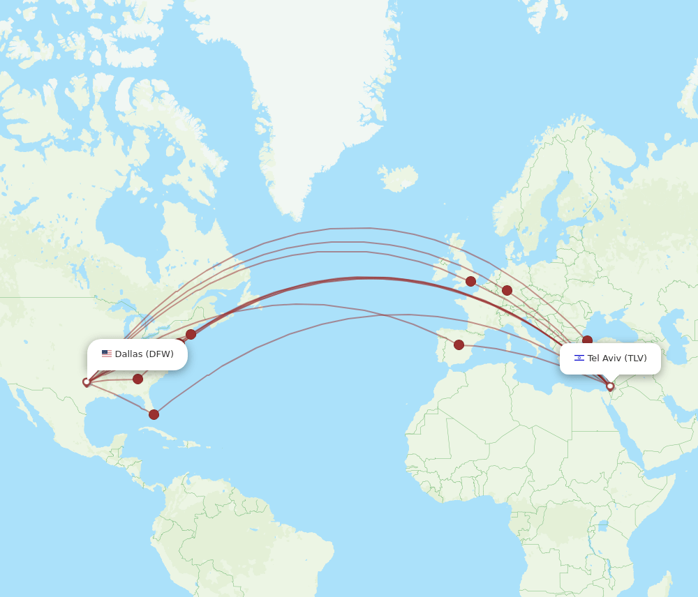 TLV to DFW flights and routes map