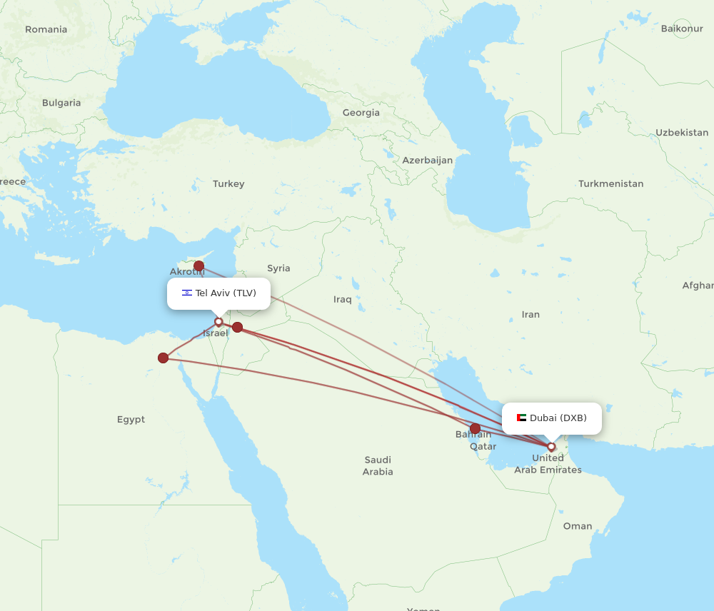 TLV to DXB flights and routes map