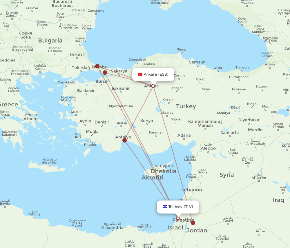 Tel Aviv-Yafo - Ankara route map and flight paths