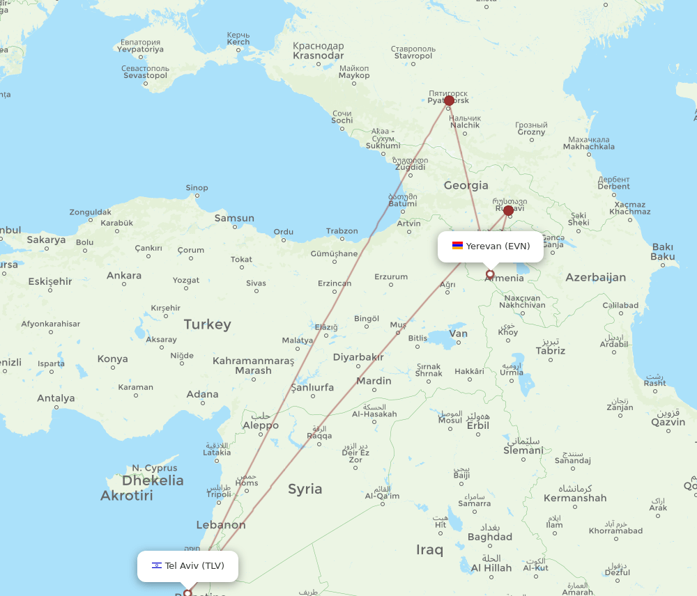 Tel Aviv-Yafo - Yerevan route map and flight paths