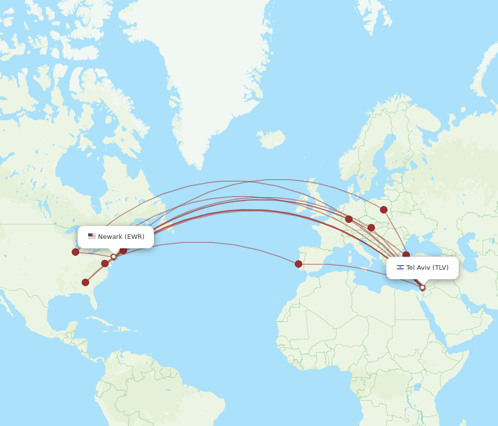TLV to EWR flights and routes map