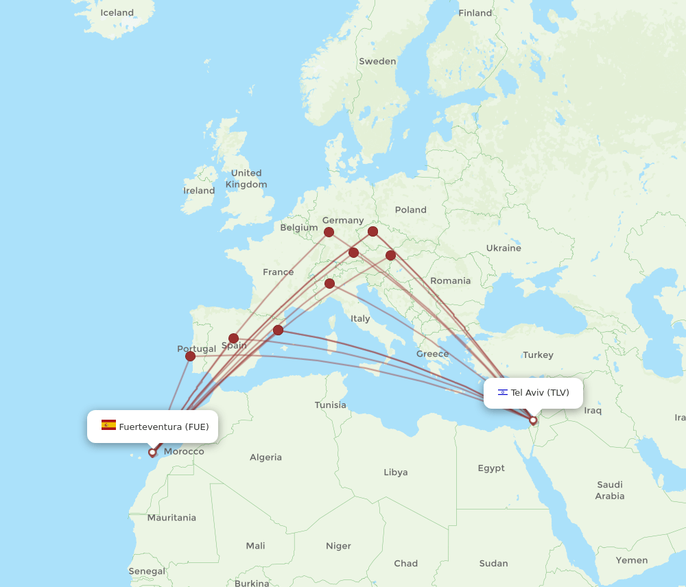 TLV to FUE flights and routes map