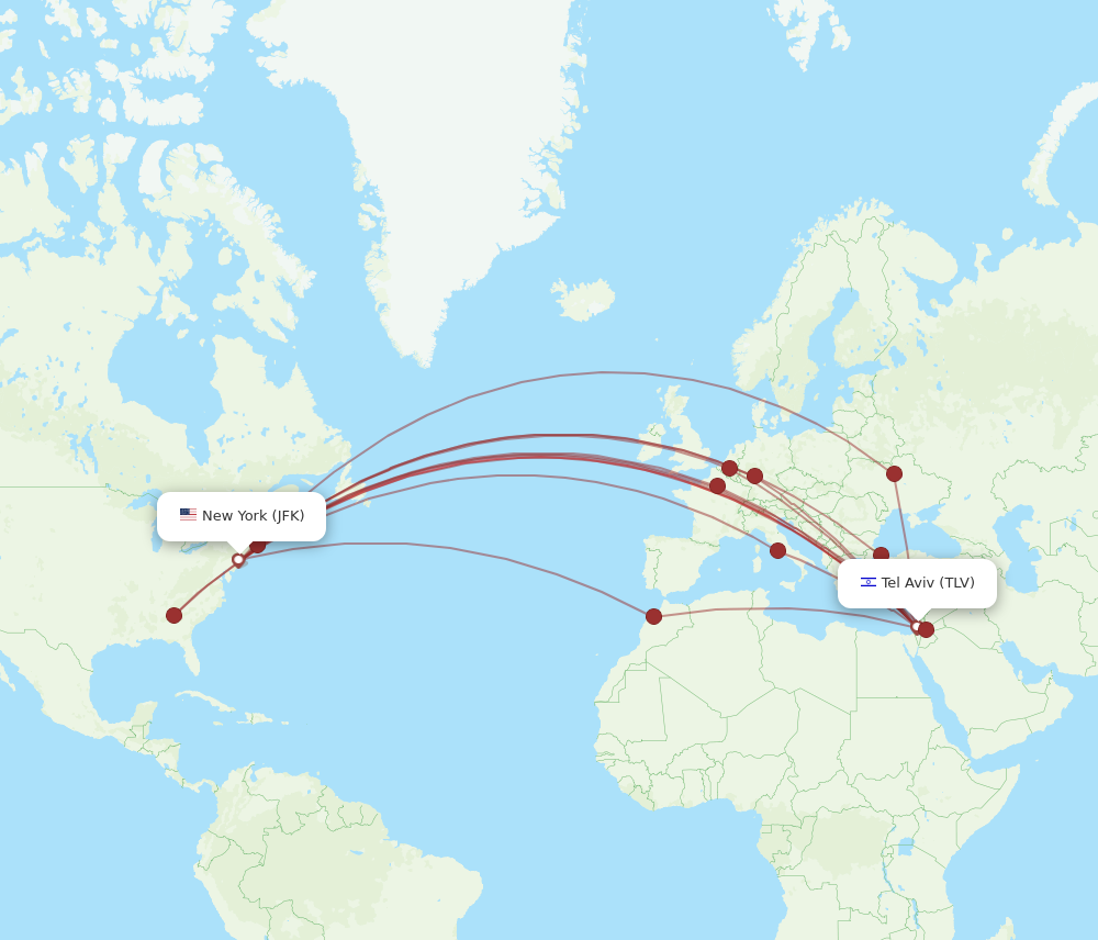 TLV to JFK flights and routes map