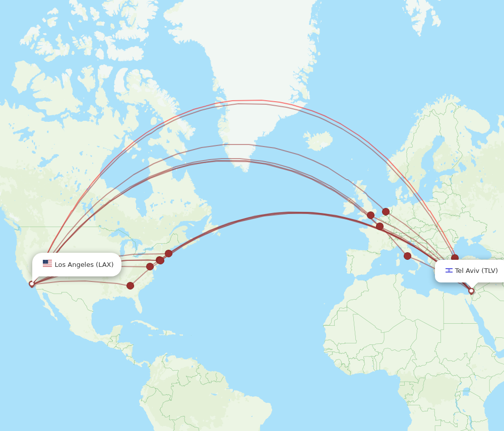 TLV to LAX flights and routes map
