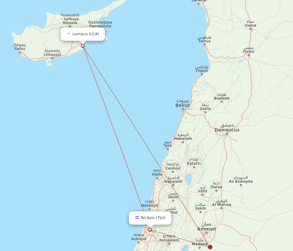 Tel Aviv-Yafo - Larnaca route map and flight paths