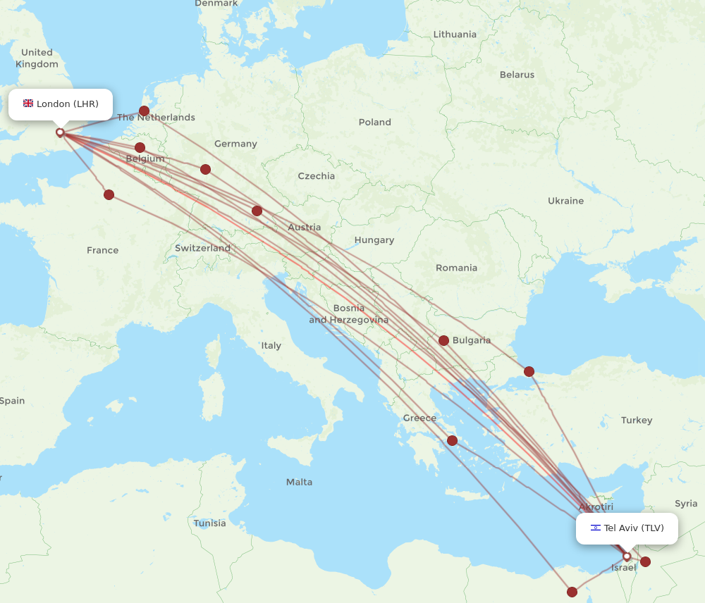 TLV to LHR flights and routes map