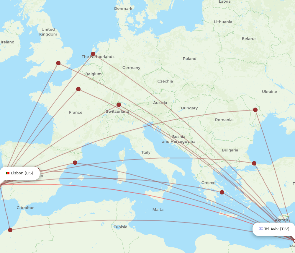 TLV to LIS flights and routes map