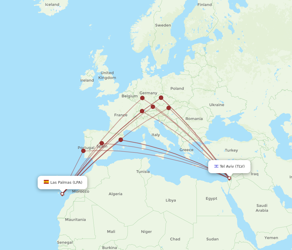 TLV to LPA flights and routes map