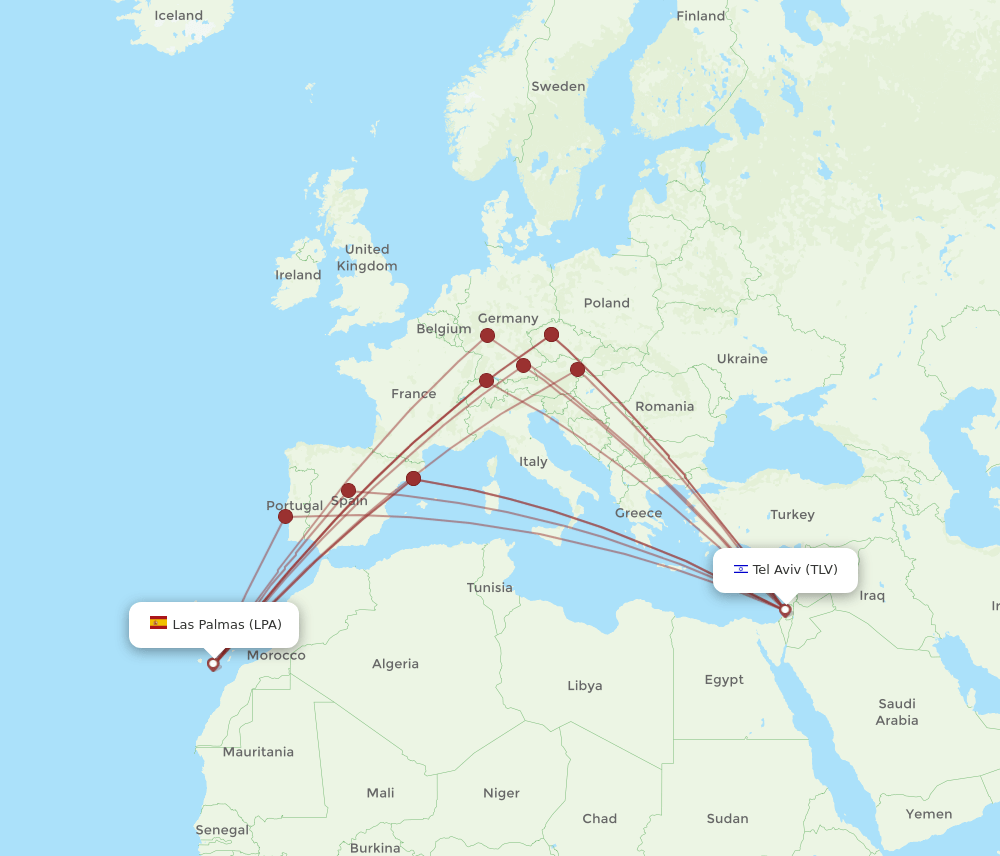 TLV to LPA flights and routes map