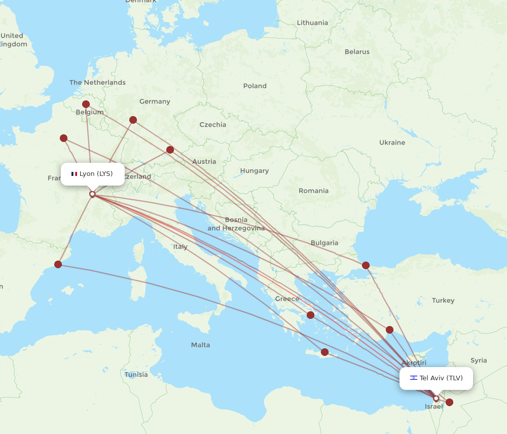 TLV to LYS flights and routes map