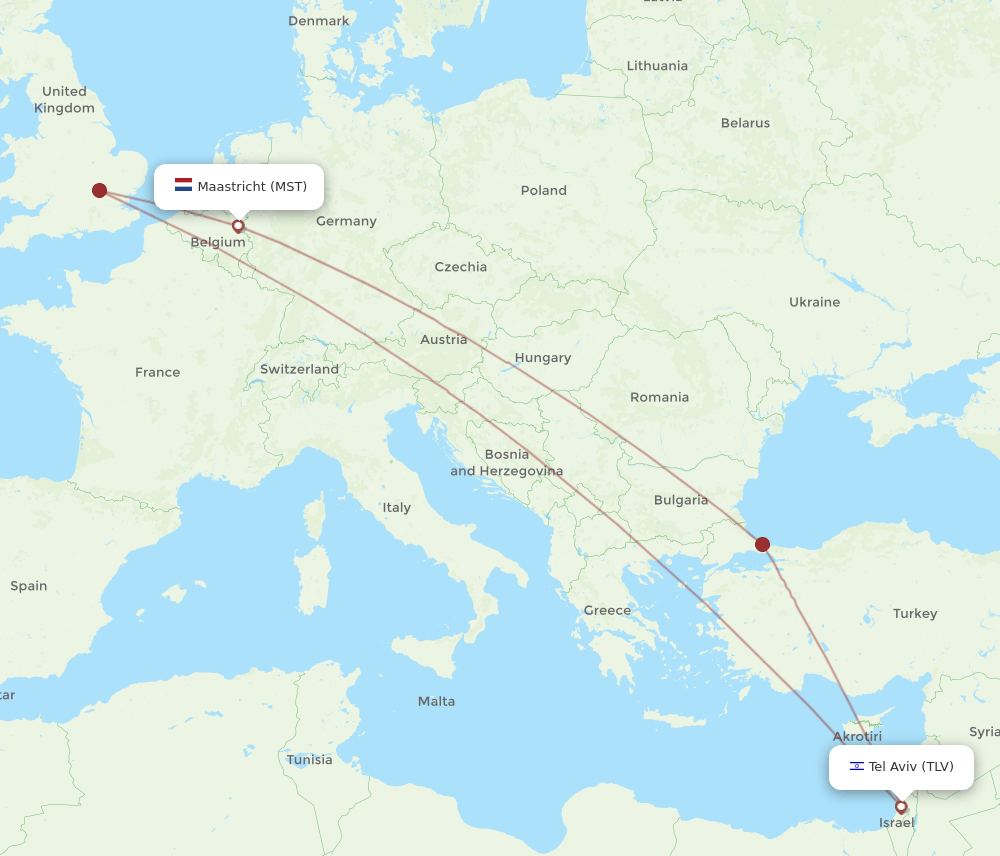 Tel Aviv-Yafo - Maastricht route map and flight paths