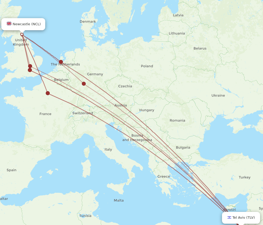 TLV-NCL flight routes