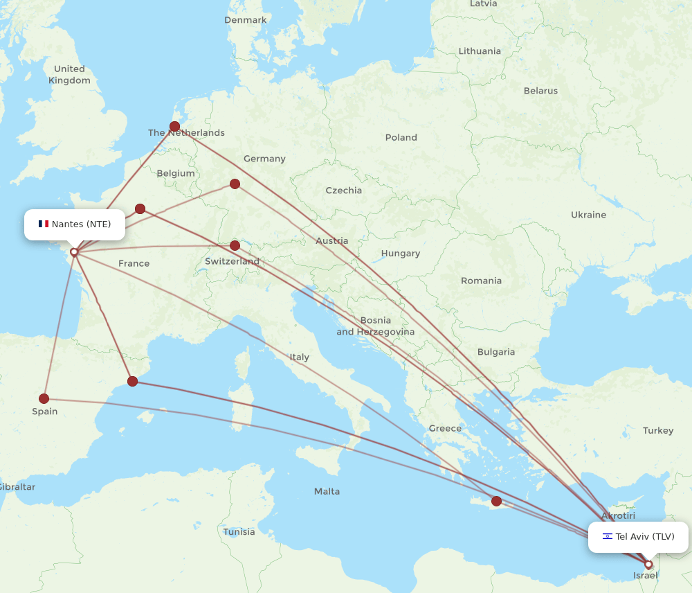 TLV to NTE flights and routes map