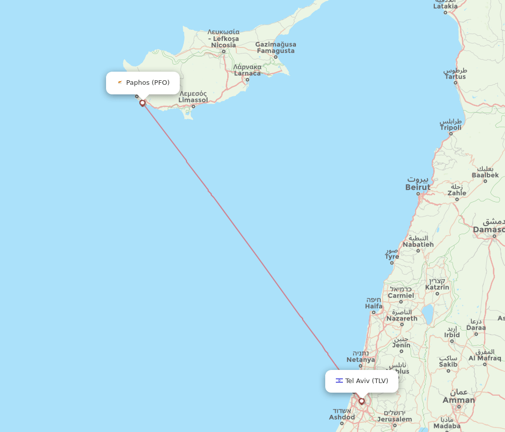 Tel Aviv-Yafo - Paphos route map and flight paths