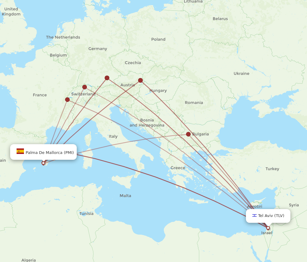 TLV to PMI flights and routes map