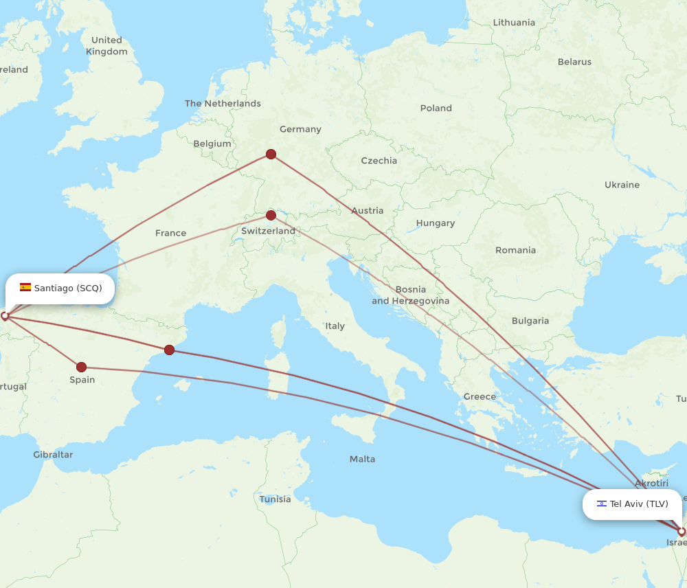 TLV to SCQ flights and routes map
