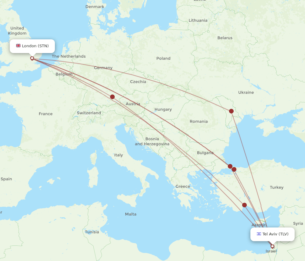 Tel Aviv-Yafo - London route map and flight paths