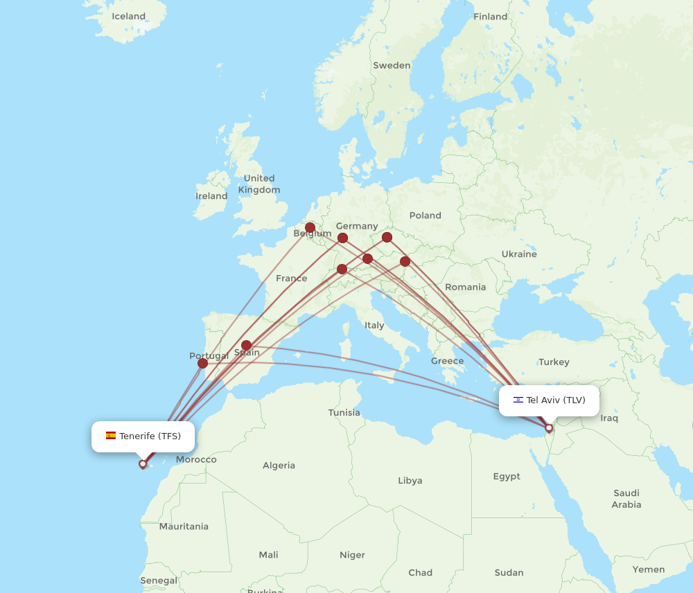 TLV to TFS flights and routes map