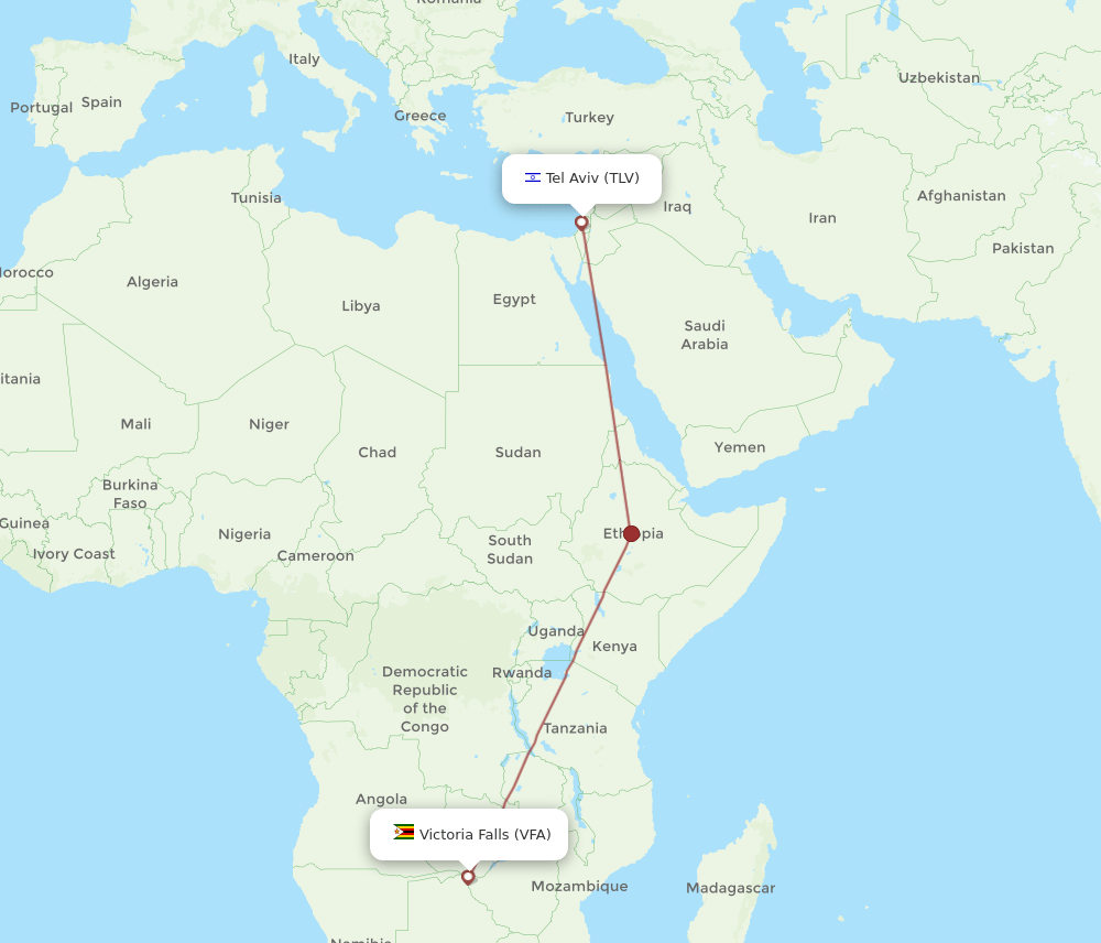 Victoria Falls - Tel Aviv-Yafo route map and flight paths