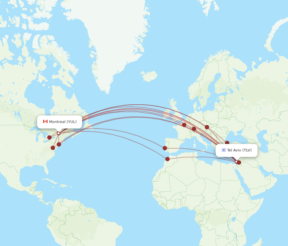 Montreal - Tel Aviv-Yafo route map and flight paths