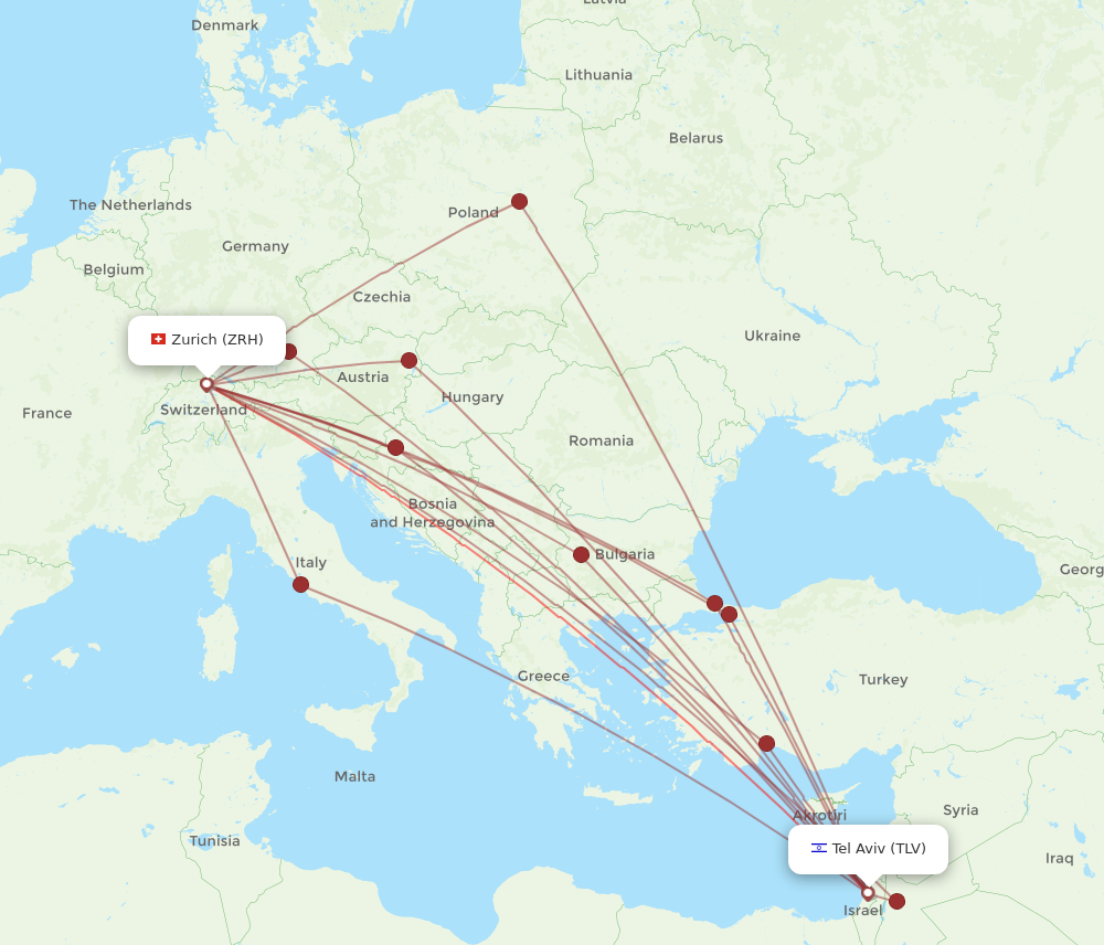TLV to ZRH flights and routes map