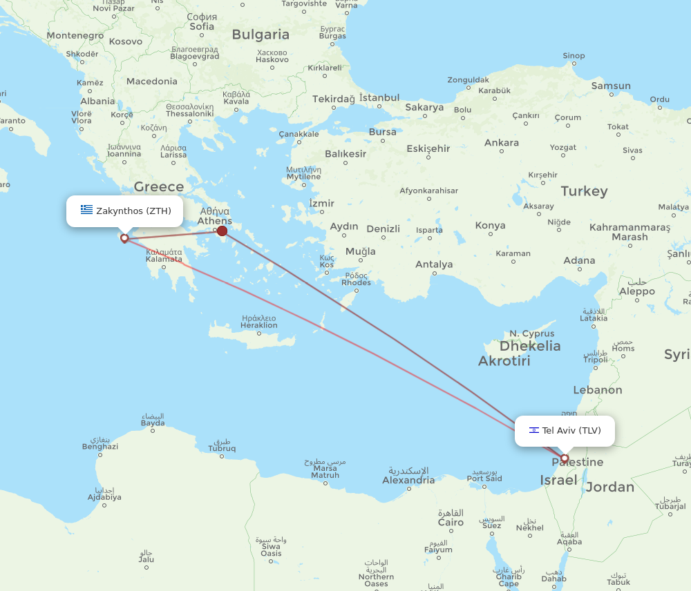 TLV to ZTH flights and routes map