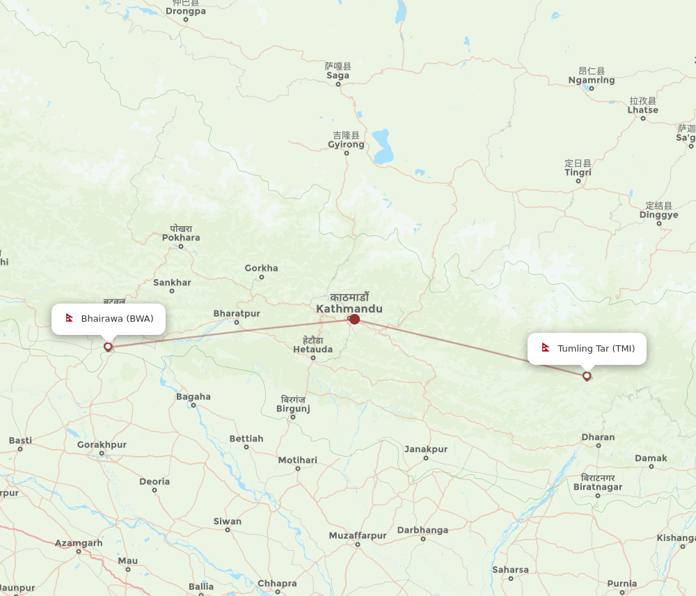 TMI to BWA flights and routes map