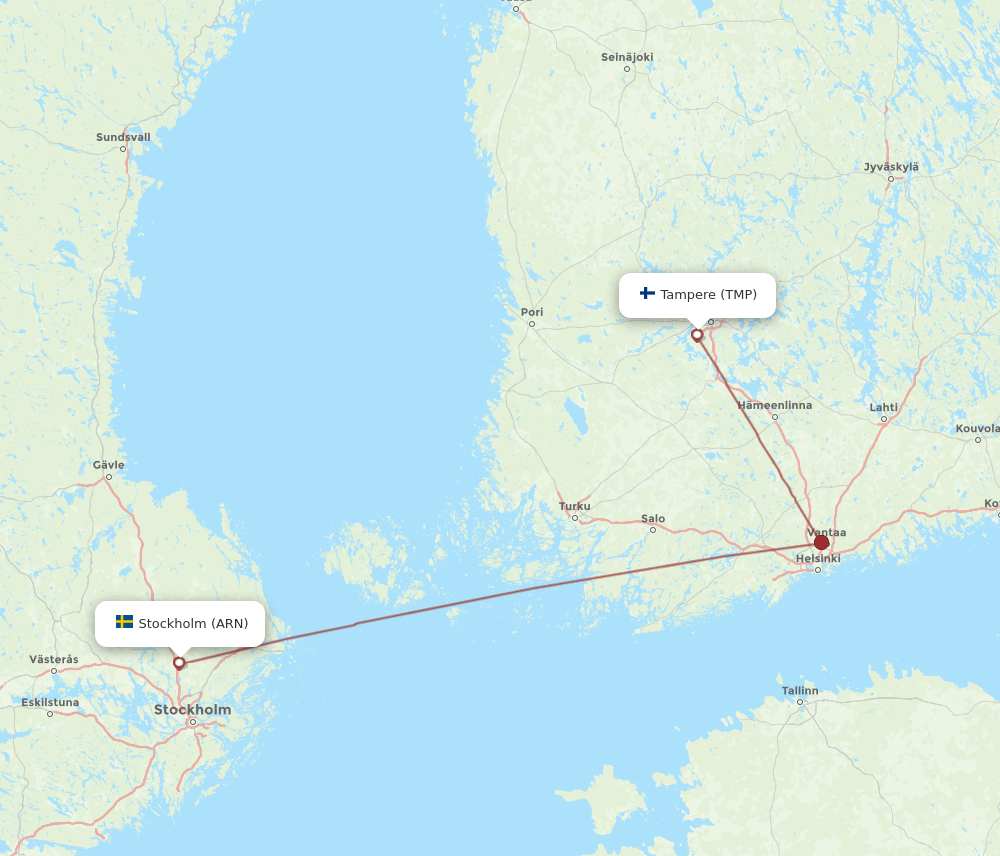 Tampere - Stockholm route map and flight paths
