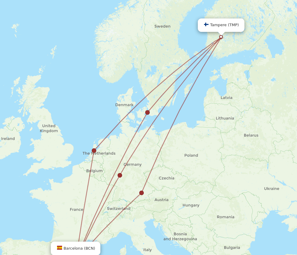 TMP to BCN flights and routes map