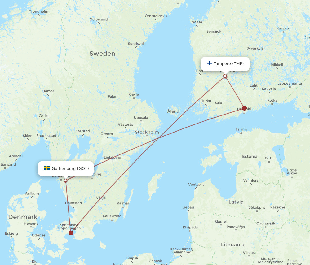 Tampere - Gothenburg route map and flight paths