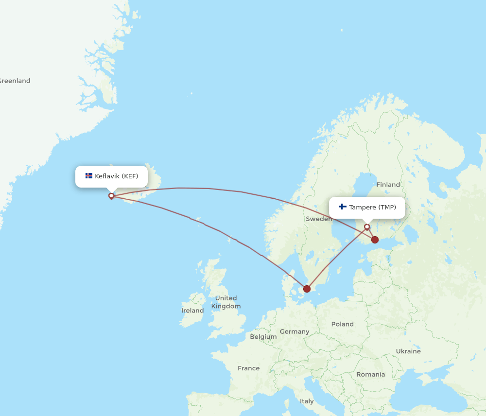 Tampere - Reykjavik route map and flight paths