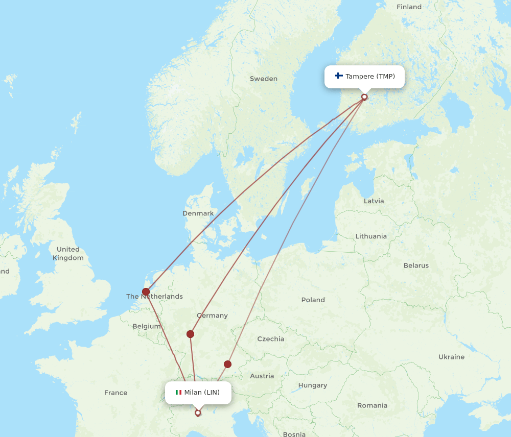 Tampere - Milan route map and flight paths