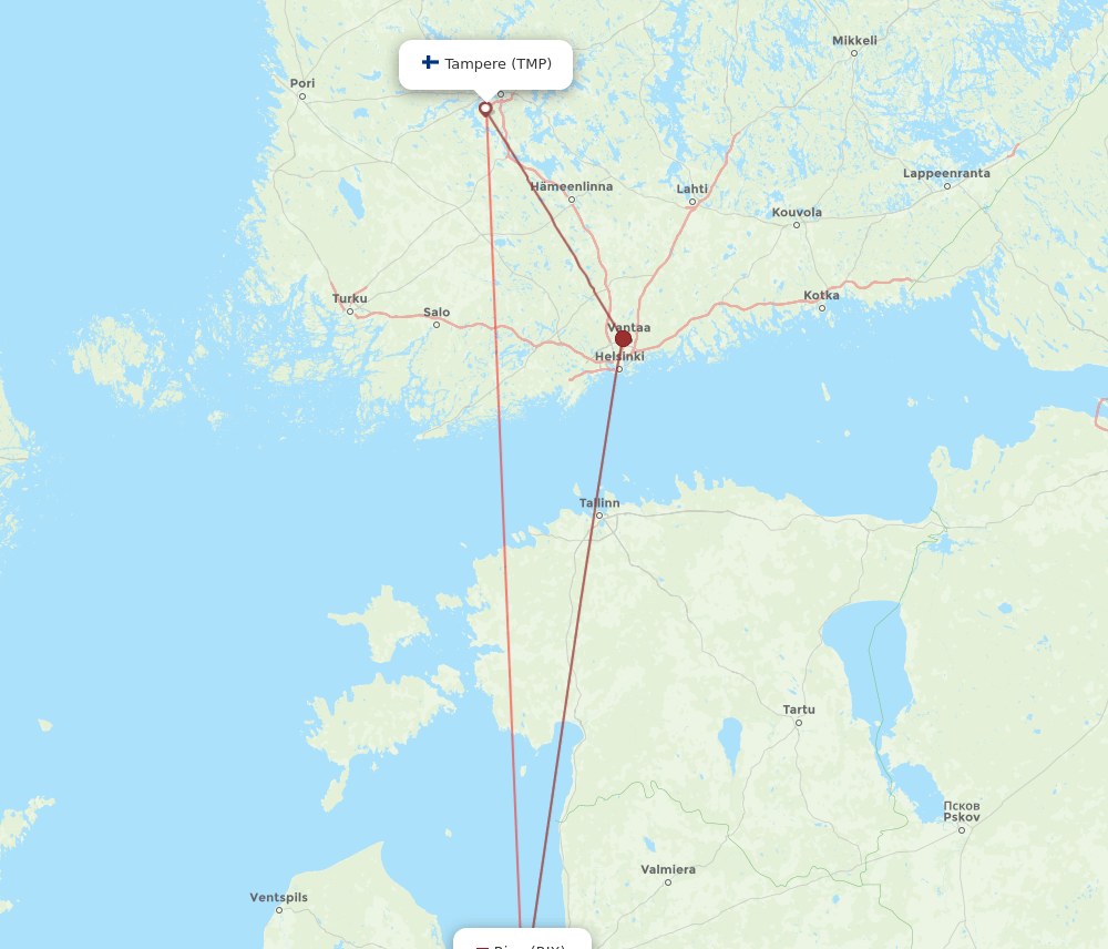 Tampere - Riga route map and flight paths