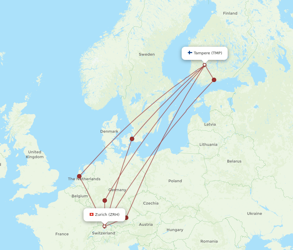 Zurich - Tampere route map and flight paths