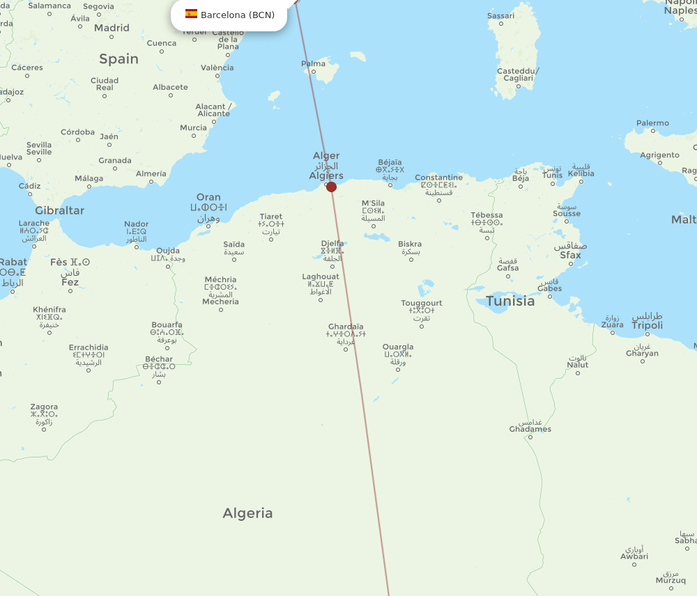 Barcelona - Tamanrasset route map and flight paths