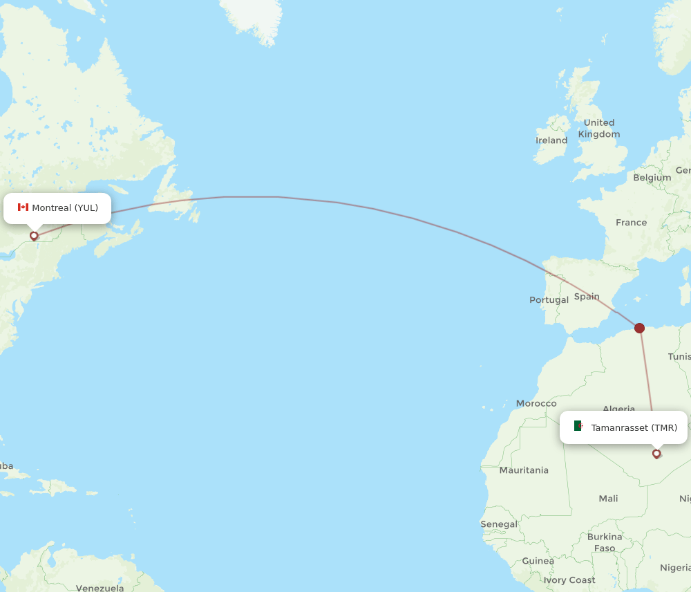 TMR to YUL flights and routes map