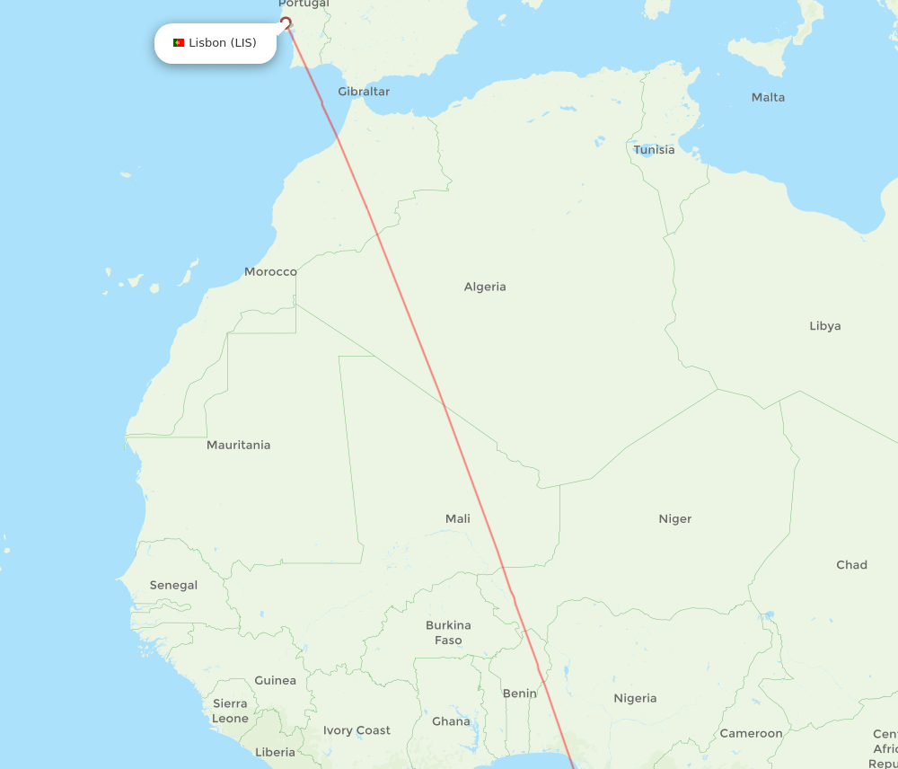 Sao Tome Island - Lisbon route map and flight paths