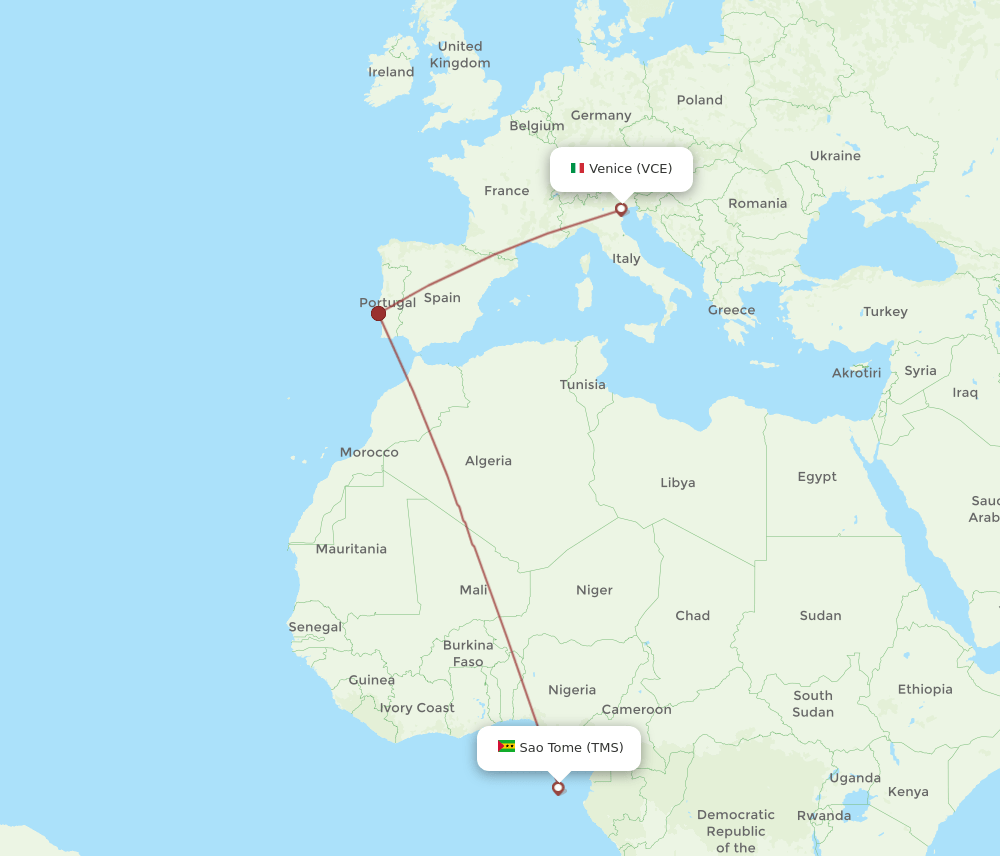 Venice - Sao Tome Island route map and flight paths